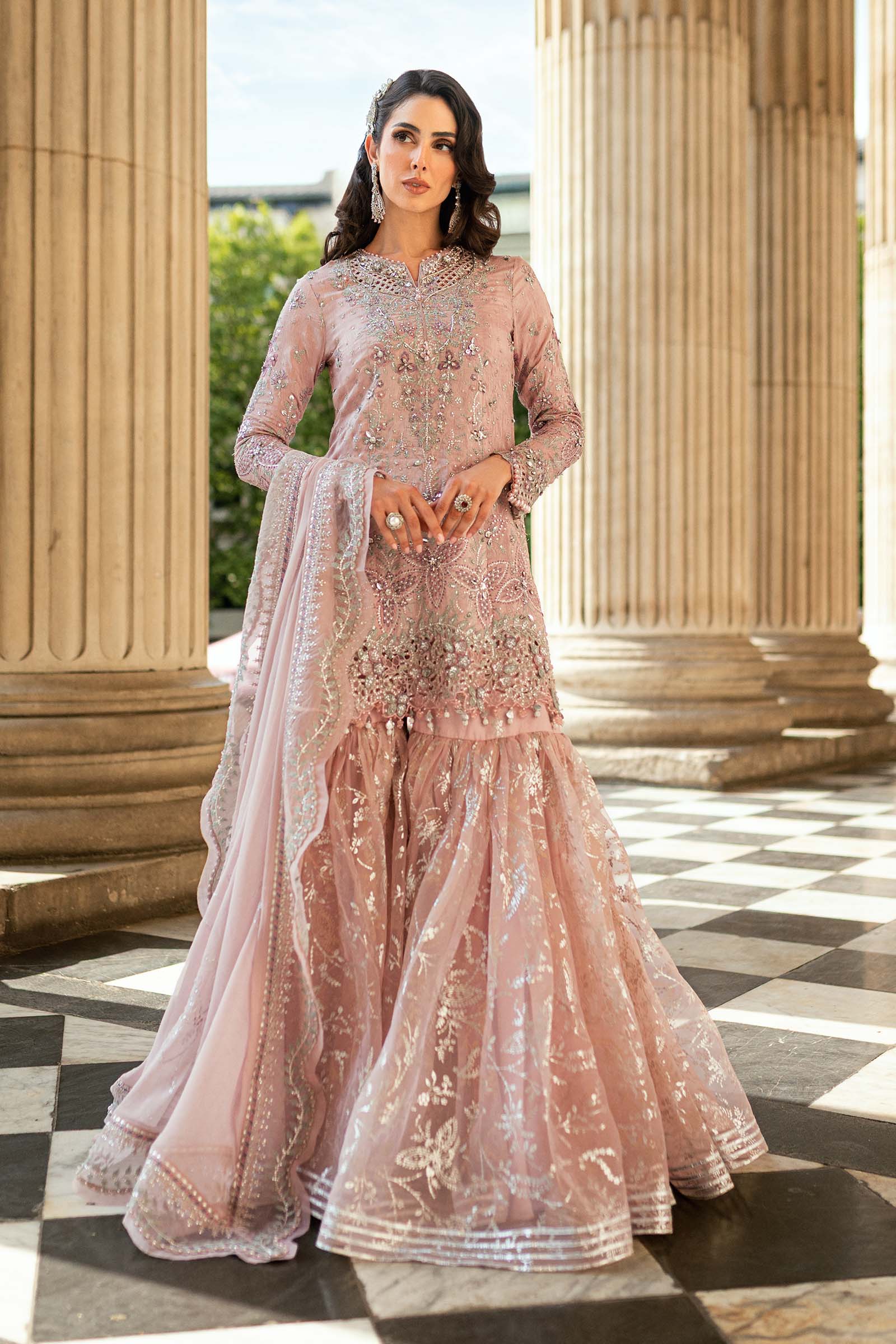 Maria B - Gharara Nude Pink pakistani indian wedding bridal dress, mehndi  nikkah oufits guest suits  Pakistani Designer Dresses