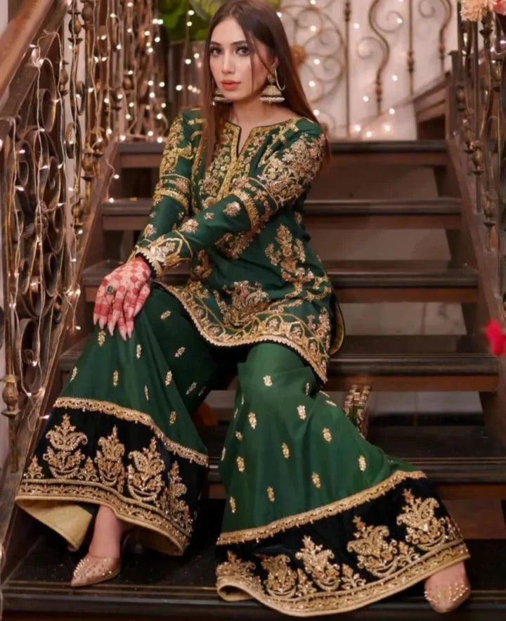 Bottle Green Raw Silk Sharara Dress for Mehndi Pakistani Designer Dresses Bottle Green Raw Silk Sharara Dress for Mehndi Pakistani Designer Dresses