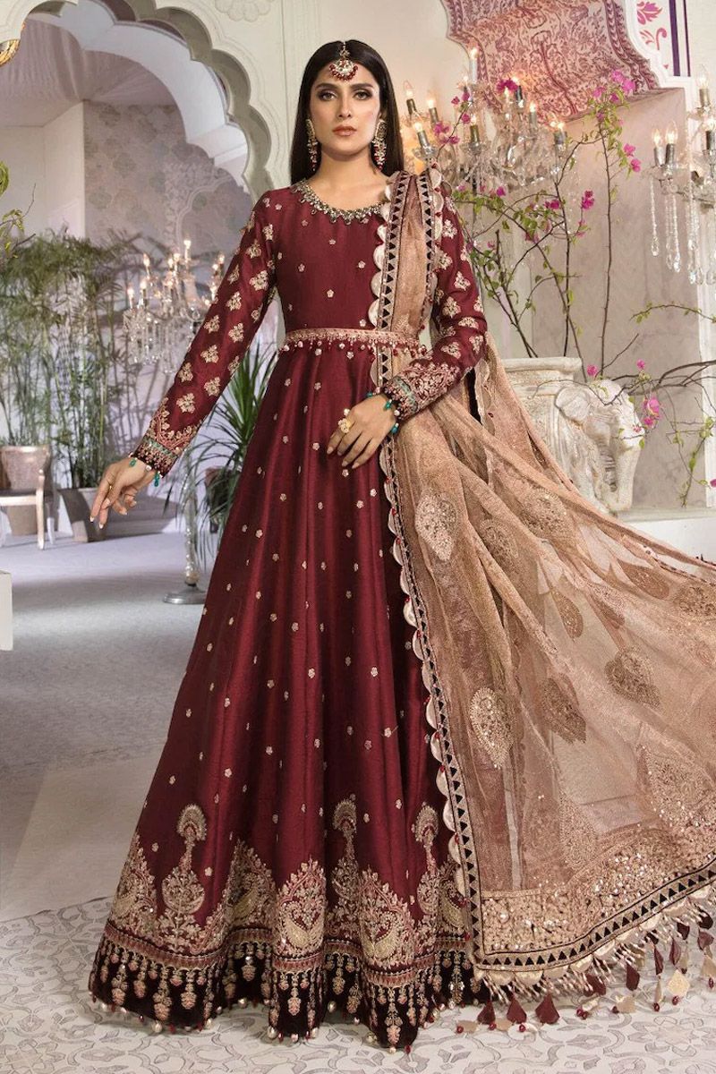 maroon colour dress design Maroon silk gown with Timeless Appeal | Rozina Munib