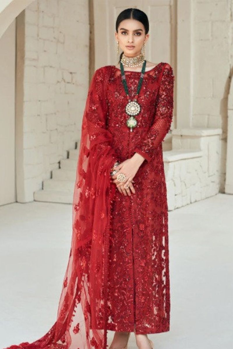 pakistani dress red Rose Red Embroidered Pakistani Frock Dupatta Party Dress CUSTOM