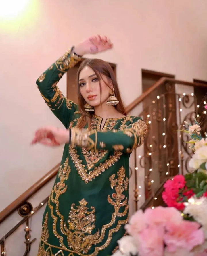 Bottle Green Raw Silk Sharara Dress for Mehndi Pakistani Designer Dresses Bottle Green Raw Silk Sharara Dress for Mehndi Pakistani Designer Dresses
