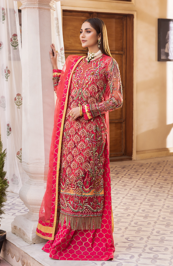 red pakistani dress design Red dresses with self design for eid