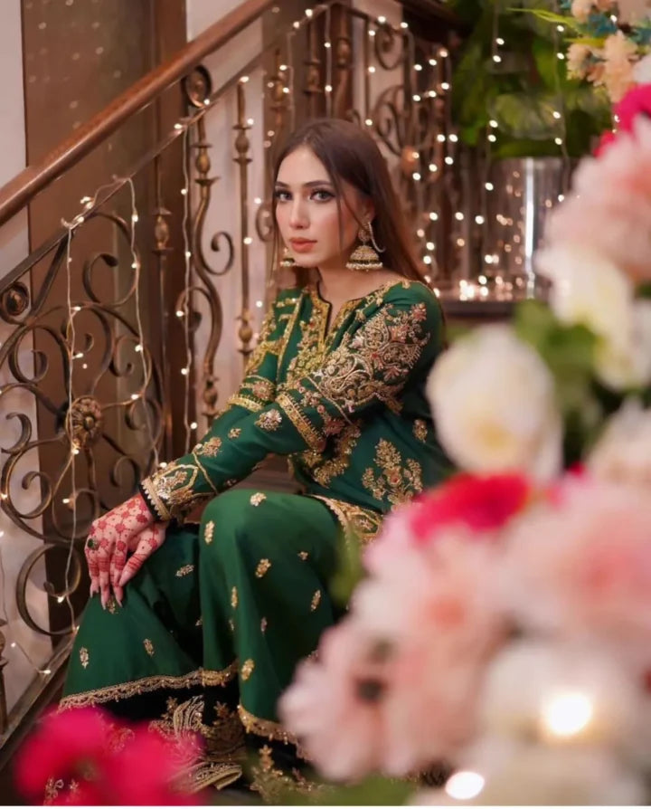 Bottle Green Raw Silk Sharara Dress for Mehndi Pakistani Designer Dresses Bottle Green Raw Silk Sharara Dress for Mehndi Pakistani Designer Dresses