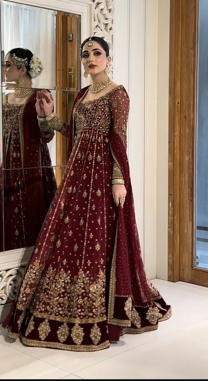 Haris Shakeel Shifa Maroon pakistani indian wedding bridal dress, mehndi nikkah oufits guest suits
