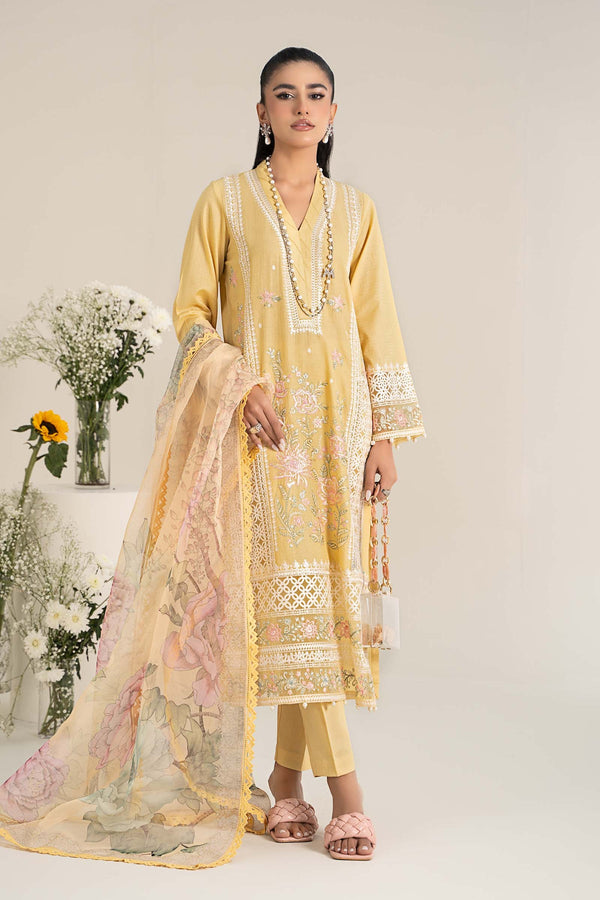 3 Piece Embroidered Dobby Lawn Suit | DW-EF25-151-Yellow