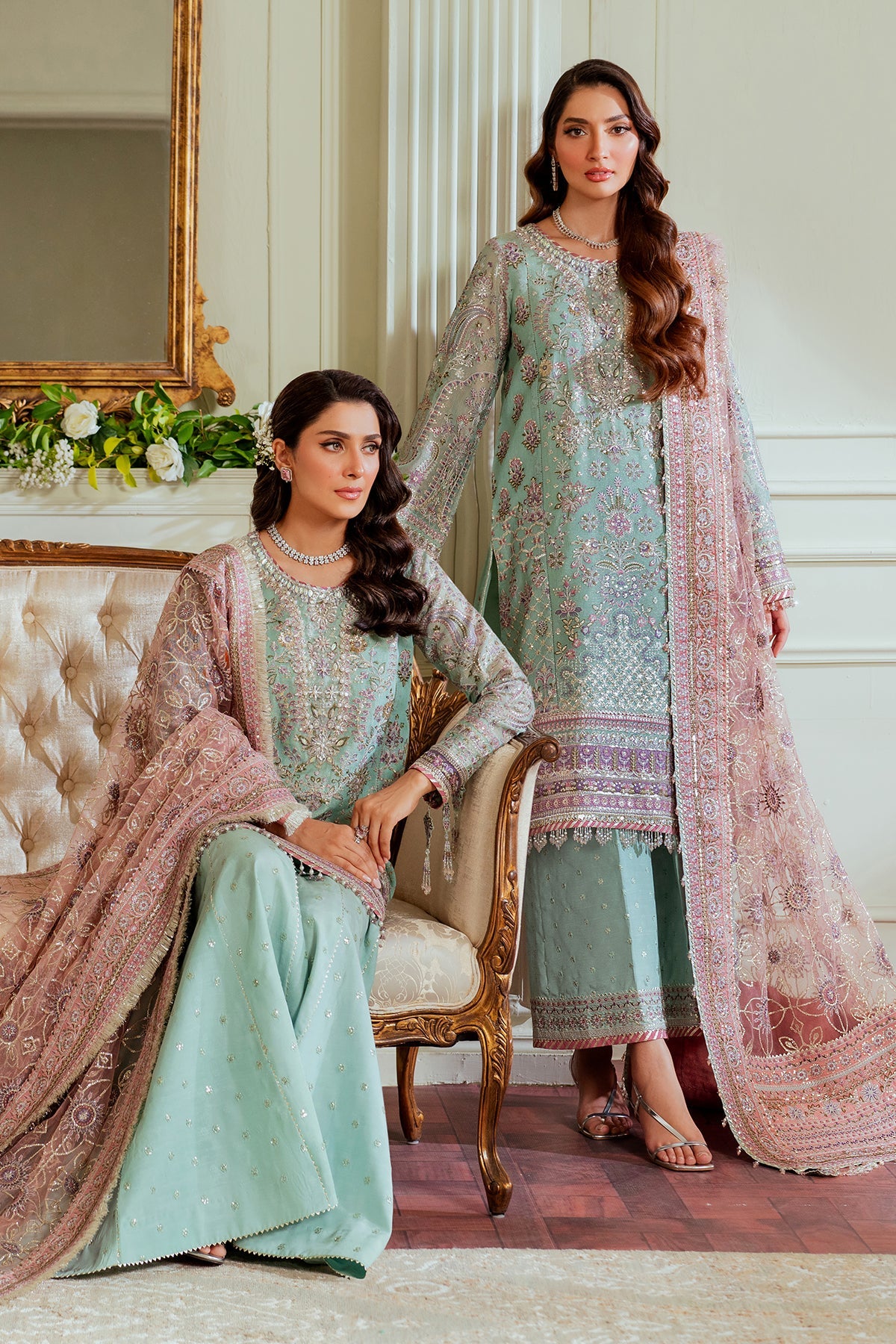 EMBROIDERED NET CH13-08 Pakistani indian wedding formal party dress usa uk XL / 5.2 ft