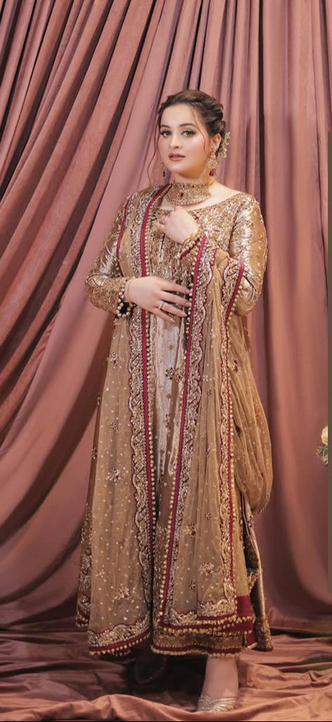 Haris Shakeel - Luxury Hand Embellished Aimen Gold pakistani indian wedding bridal dress, mehndi nikkah oufits guest suits