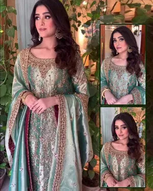 Haris Shakeel - Sea green gold pakistani indian wedding bridal dress, mehndi nikkah oufits guest suits