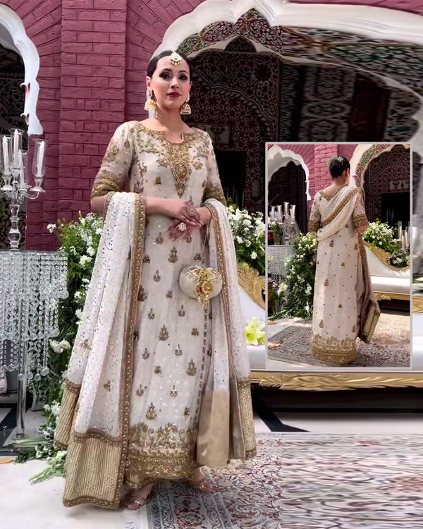 Haris Shakeel Off White Gold pakistani indian wedding bridal dress, mehndi nikkah oufits guest suits