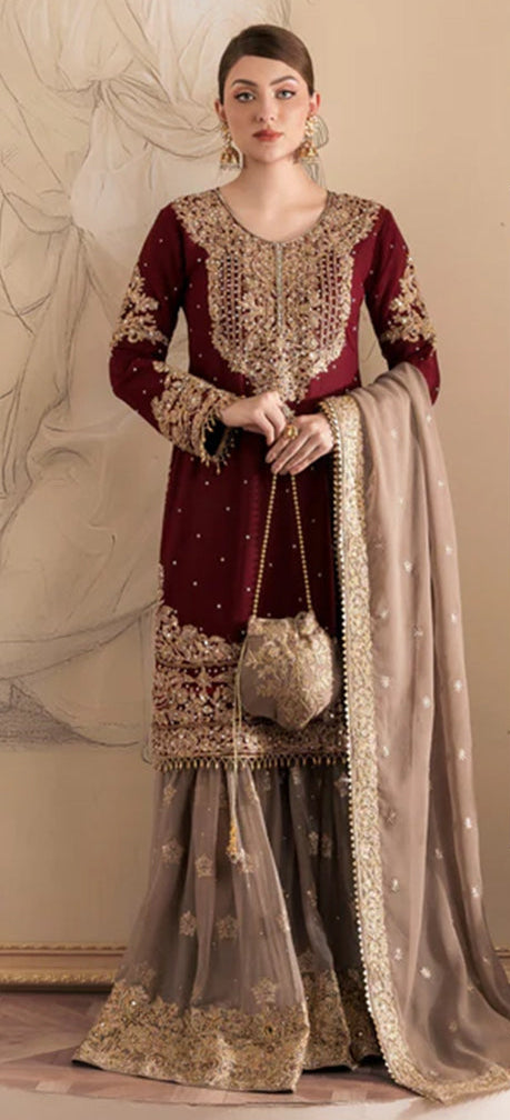 Haseens Luxury Embroidered Velvet Wedding Collection- Reddish Maroon pakistani indian wedding bridal dress, mehndi nikkah oufits guest suits
