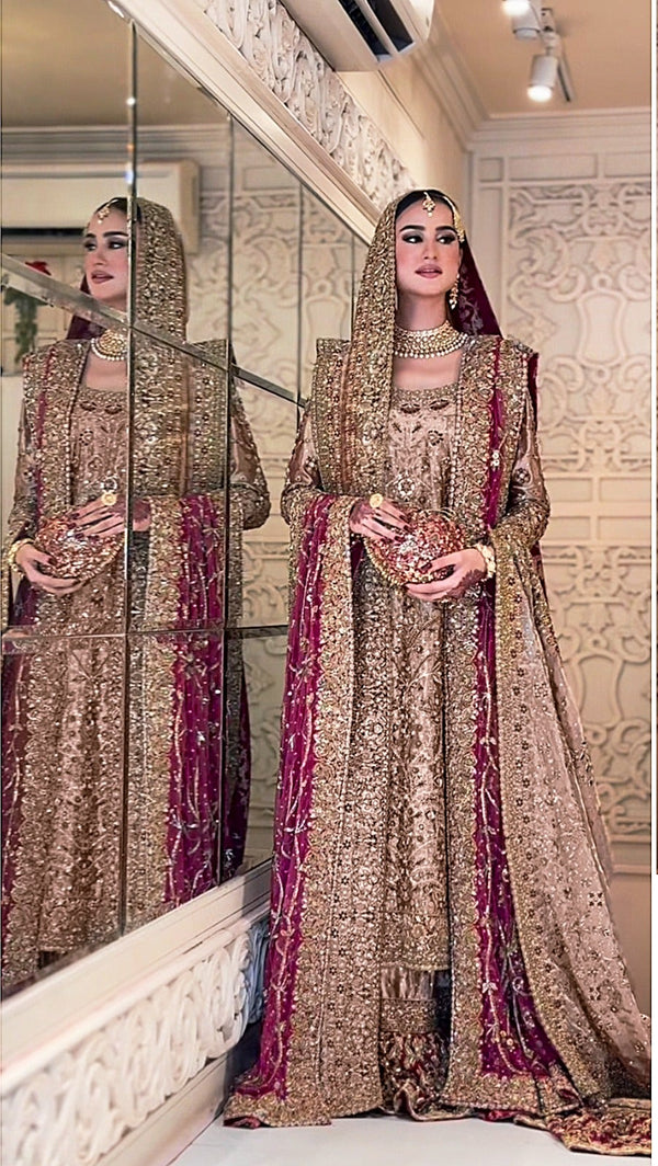 Hs pink champagne pakistani indian wedding bridal dress, mehndi nikkah oufits guest suits
