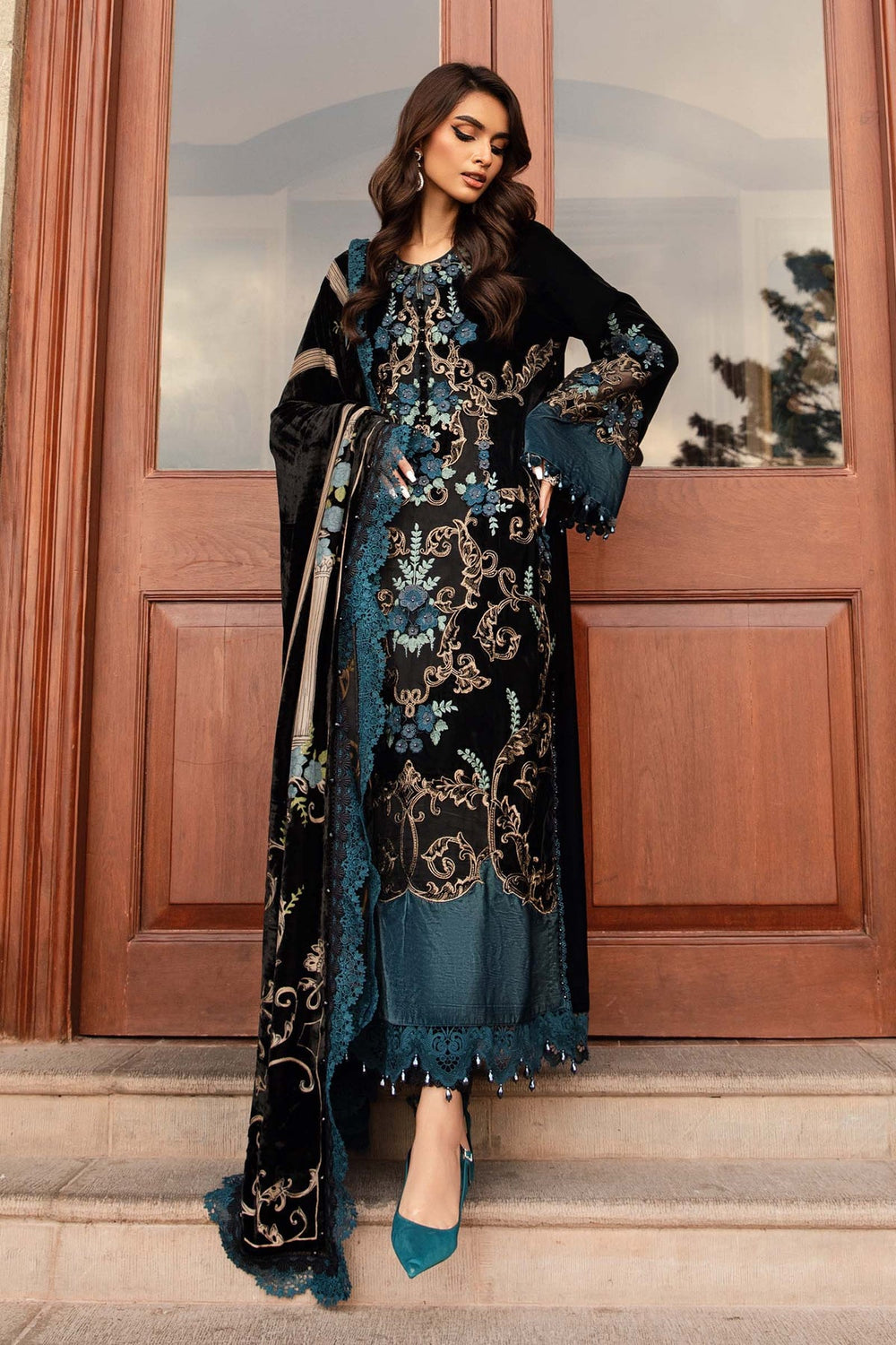 black and teal wedding dresses Maria b velvet luxe (DL-1208) pakistani indian formal Part eid dress usa uk XL / 5.4 ft 1208) Black and Teal Size:One Size Fits All wedding dresses tab Satin Dress Lulus Short