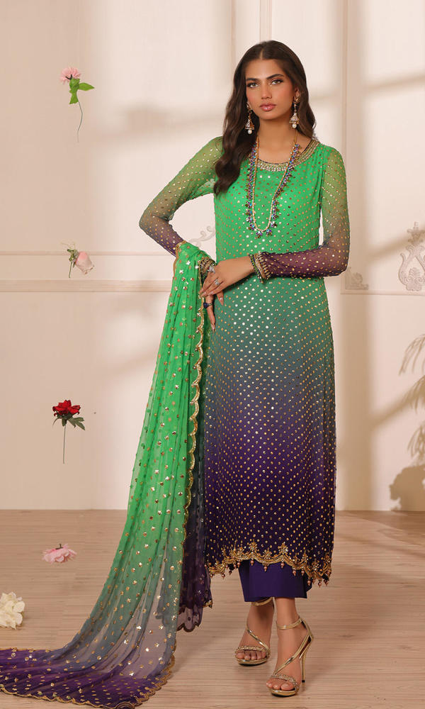 Nomi Ansari NALP24-44 pakistani indian wedding bridal dress, mehndi nikkah oufits guest suits
Signature gold mukesh work on a shaded based with kundan and crystal detailing on the neckline, sleeves and hem. Paired with a scalloped sequins chiffon dupatta and straight raw silk pants