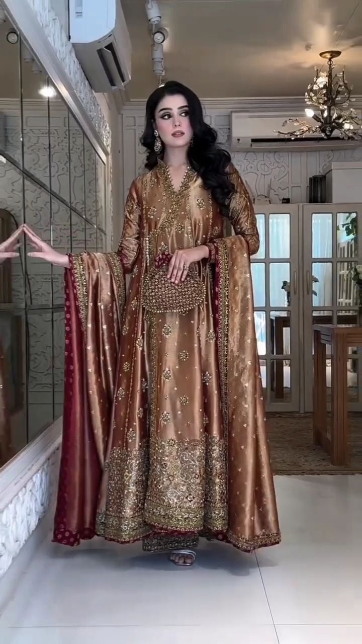 Haris Shakeel - Copper Gold Hibiscus Angrakha pakistani indian wedding bridal dress, mehndi nikkah oufits guest suits Pakistani Designer Dresses Haris Shakeel - Copper Gold Hibiscus Angrakha pakistani indian wedding bridal dress, mehndi nikkah oufits guest suits Pakistani Designer Dresses
