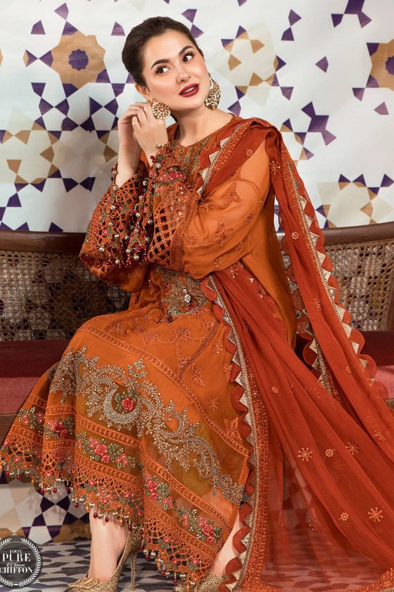 orange and green dress pakistani Maria b MPC-21-101-Rust Olive – Designer Dresses neckline: sweetheart