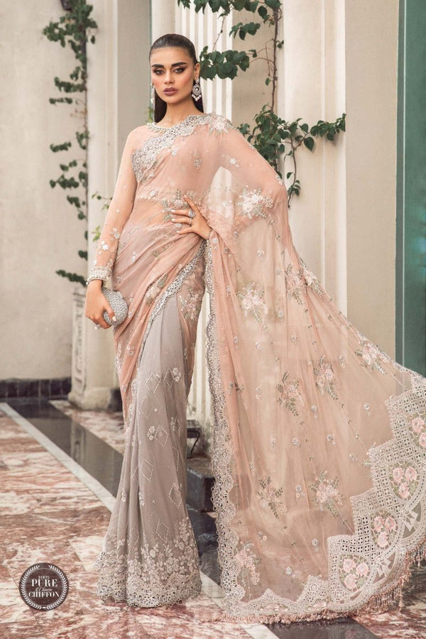 Maria B Chiffon Saree Peach And Grey MPC-23-105