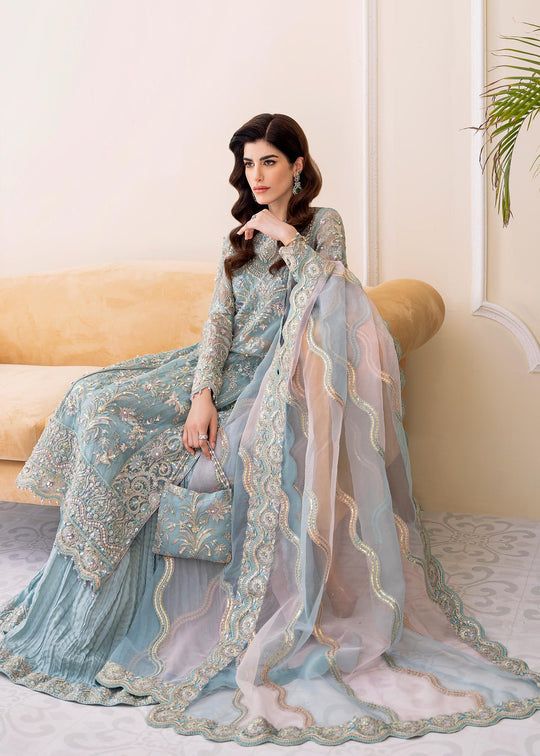 pastel blue pakistani dress Ice Blue Embroidered Net Maxi Gown: Pakistani Wedding Reception Dress