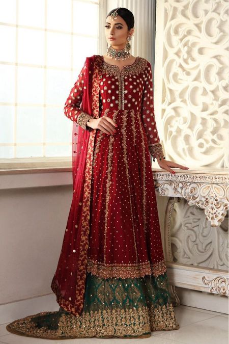 Aisha Imran custom stitch bridal Maxi lehenga style Wedding Dress chiffon Collection Red green
