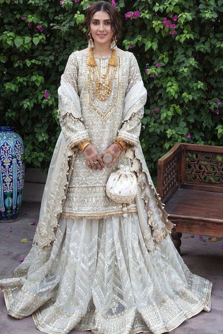 Mnr custom stitch Lehenga/sharara style Wedding Dress Naulakha White