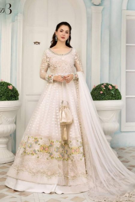 Maria B custom stitch Long Maxi Frock style Wedding Dress MPC-21-103-Pearl White and Pastel