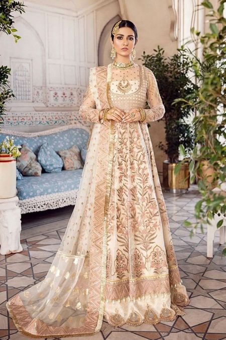 Afrozeh custom stitch Maxi Long Frock style Wedding Dress shehnai luxury beige jahan Ara