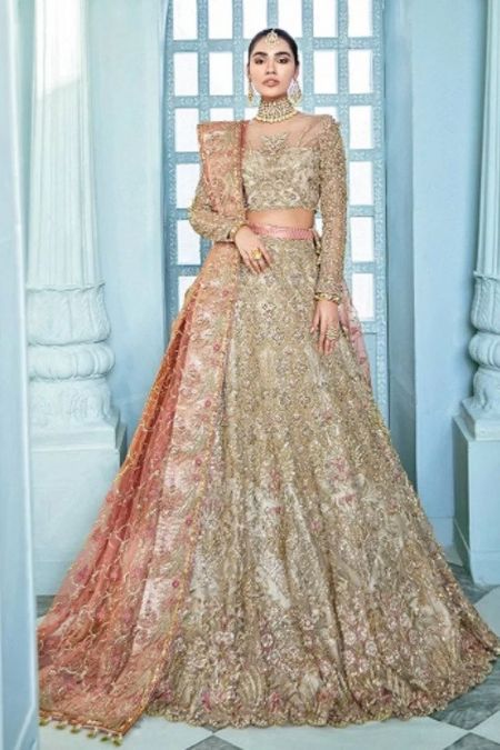 Republic Custom stitched Bridal Lehenga Choli Wedding dress Gold and Peach, 'Urrezka'