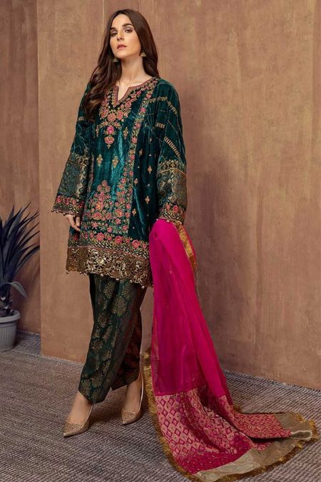 Maria b custom stitched eid Velvet salwar Kameez style Wedding Dress Bottle Green