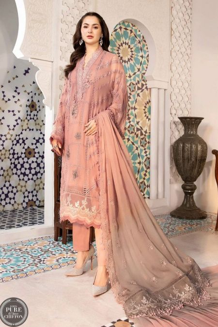 Maria b custom stitched eid chiffon salwar kameez stye wedding dress MPC-21-104-Ash pink and Grey
