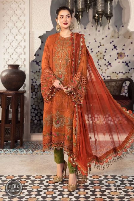 Maria b custom stitched eid chiffon salwar kameez style Wedding Dress MPC-21-101-Rust and Olive Green