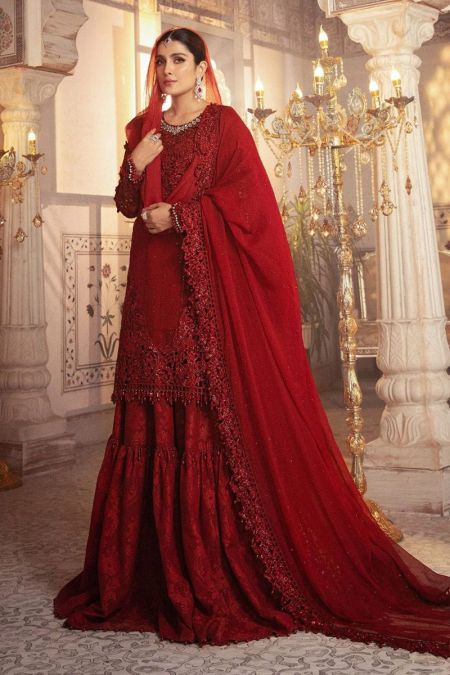 Maria b custom stitched Gharara style Wedding Dress Ruby Red (BD-2305)