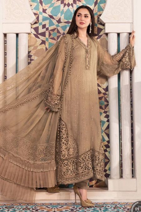 Maria b custom stitched eid chiffon salwar kameez style Wedding Dress MPC-21-105-Coffee