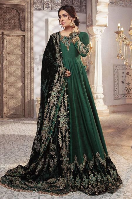 Maria b custom stitched Maxi long frock style Wedding Dress Teal and Warm green (BD-2307)