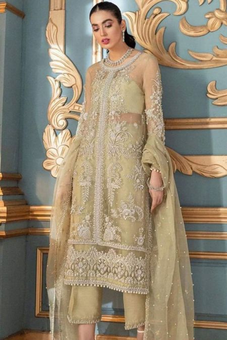 Mushq custom stitched long kameez style Wedding Dress net collection Lime Green (LF21-03)