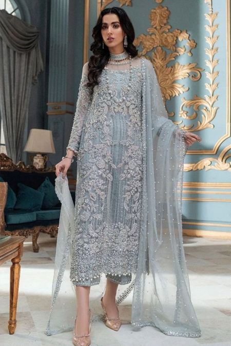 Mushq custom stitched long kameez style Wedding Dress net collection Ice Blue (LF21-01)