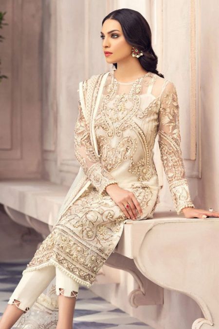 Gulaal custom stitched salwar Kameez style Wedding Dress net collection embroidered white