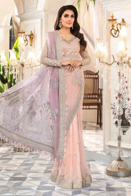 Latest Maria b custom stitched Saree style Wedding Dress Rose Pink and Lilac (BD-2404)