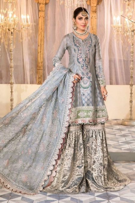 Latest Maria b custom stitched Gharara style Wedding Dress Pearl Blue and Ash Pink (BD-2403)