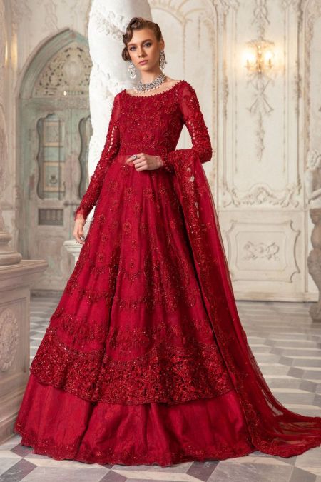 Maria B Couture Long gown with Lehenga Red MC-043