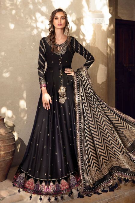 Maria b Sateen CST-506-Black and burnt Gold Peshwas