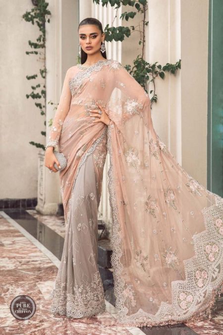 Maria B  Chiffon  MPC-23-105 Peach And Grey Pakistani Dresses Wedding Mehndi Clothes Angrakha Style blue Indian embroidery dress Eid Party Suit Salwar Kameez Guest stitch Outfit Nikkah