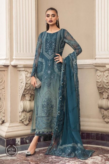 Maria B Chiffon MPC-23-102 Teal Blue Pakistani Dresses Wedding Mehndi Clothes Angrakha Style blue Indian embroidery dress Eid Party Suit Salwar Kameez Guest stitch Outfit Nikkah