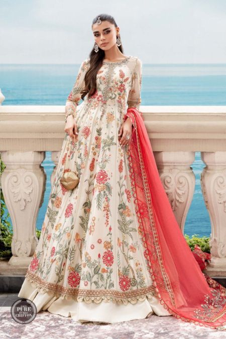 Maria B Chiffon MPC-23-106 Cloud White Floral Pakistani Dresses Wedding Mehndi Clothes Angrakha Style blue Indian embroidery dress Eid Party Suit Salwar Kameez Guest stitch Outfit Nikkah