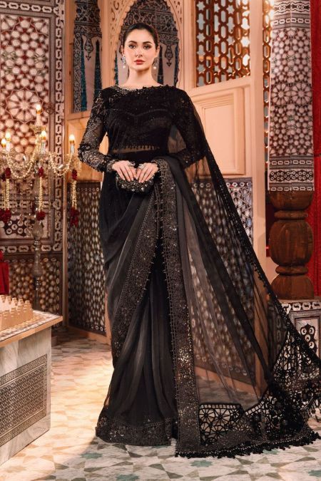 Maria B Mbroidered saree Grey and Black (BD-2504)