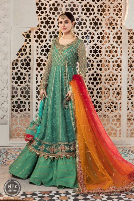 Emerald Green lehenga maxi style dress for Pakistani wedding guest suit