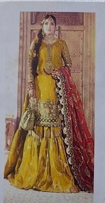 Yellow gharara dress mehndi style for Pakistani wedding guest suit