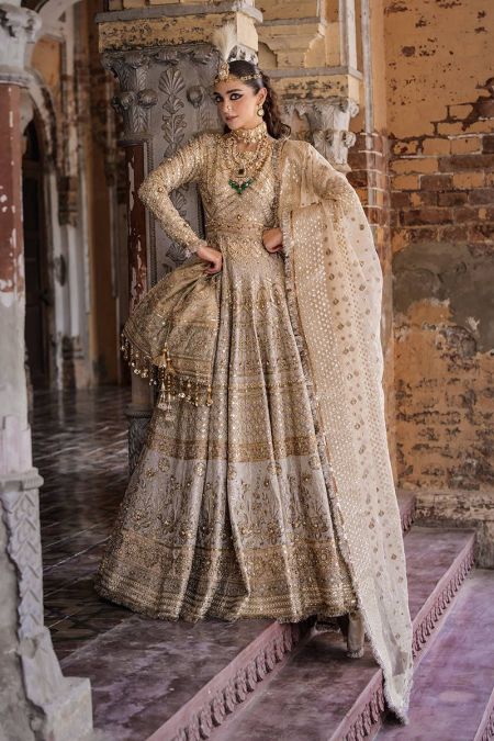 Embalished Pakistani bridal dress maxi style Gold Moti