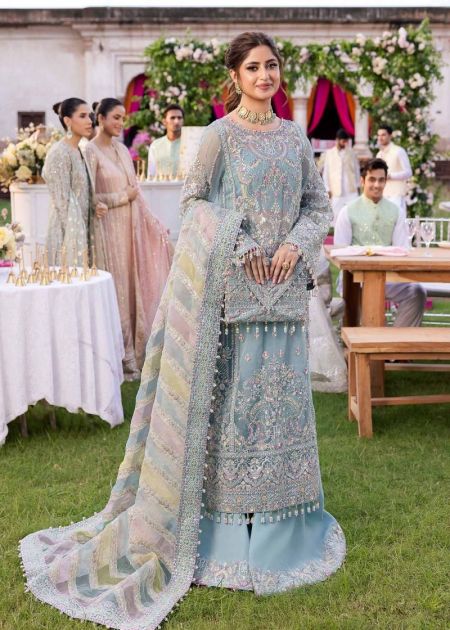 Ice Blue sharara Pakistani Wedding guest Dress kameez Style Noor