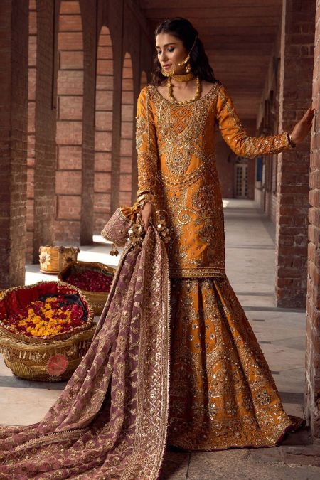 handmade Pakistani Bridal Dress Gharara Wedding mehndi outfit Mustard 