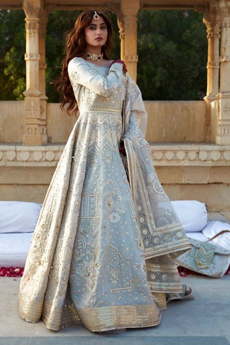 Luxury Pakistani Wedding Guest Dress Maxi frock Style Mahwari blue