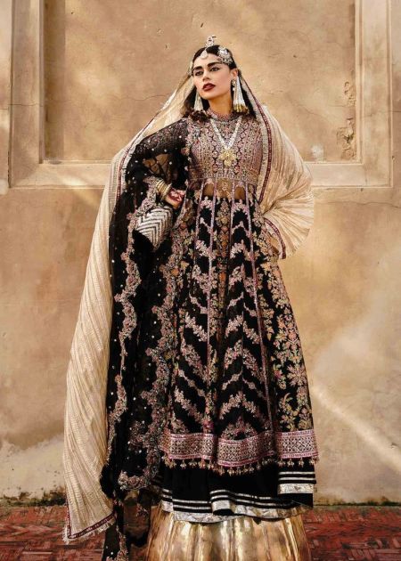 Black Pakistani wedding dress long peshwas sharara Kajal